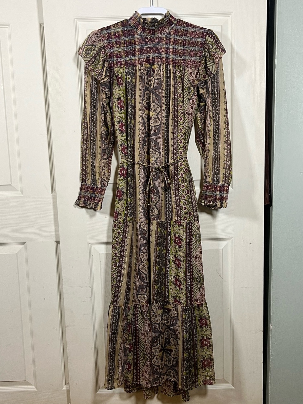 Anthropologie Llani Olive Green Boho Floral-Print Maxi Dress, tie waist, smocked - Picture 3 of 7